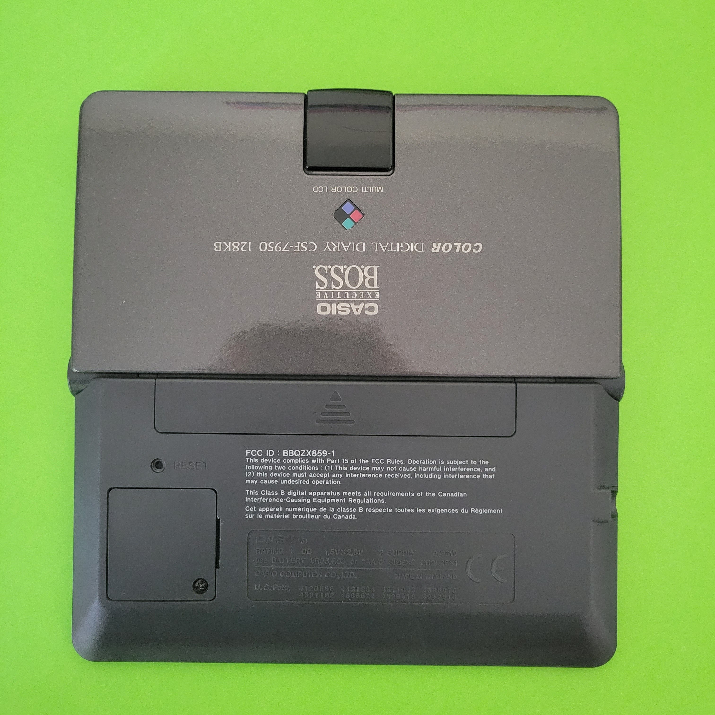 An image of the back of a Casio Color Digital Diary CSF-7950 personal organizer